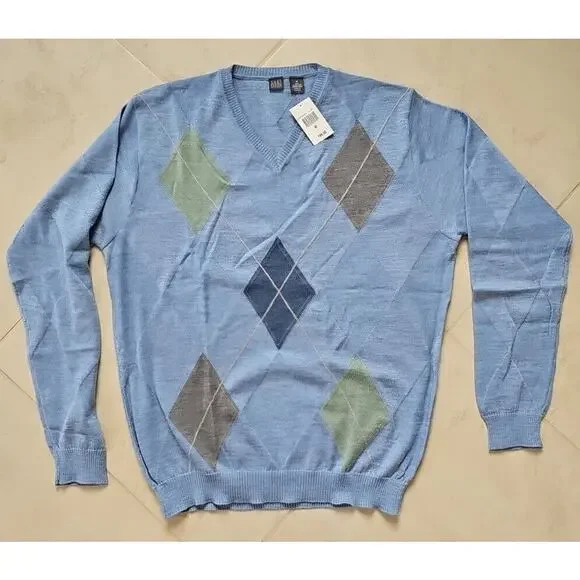 Saks Fifth Avenue 100% Merino Wool Sweater Men's M V-Neck Blue